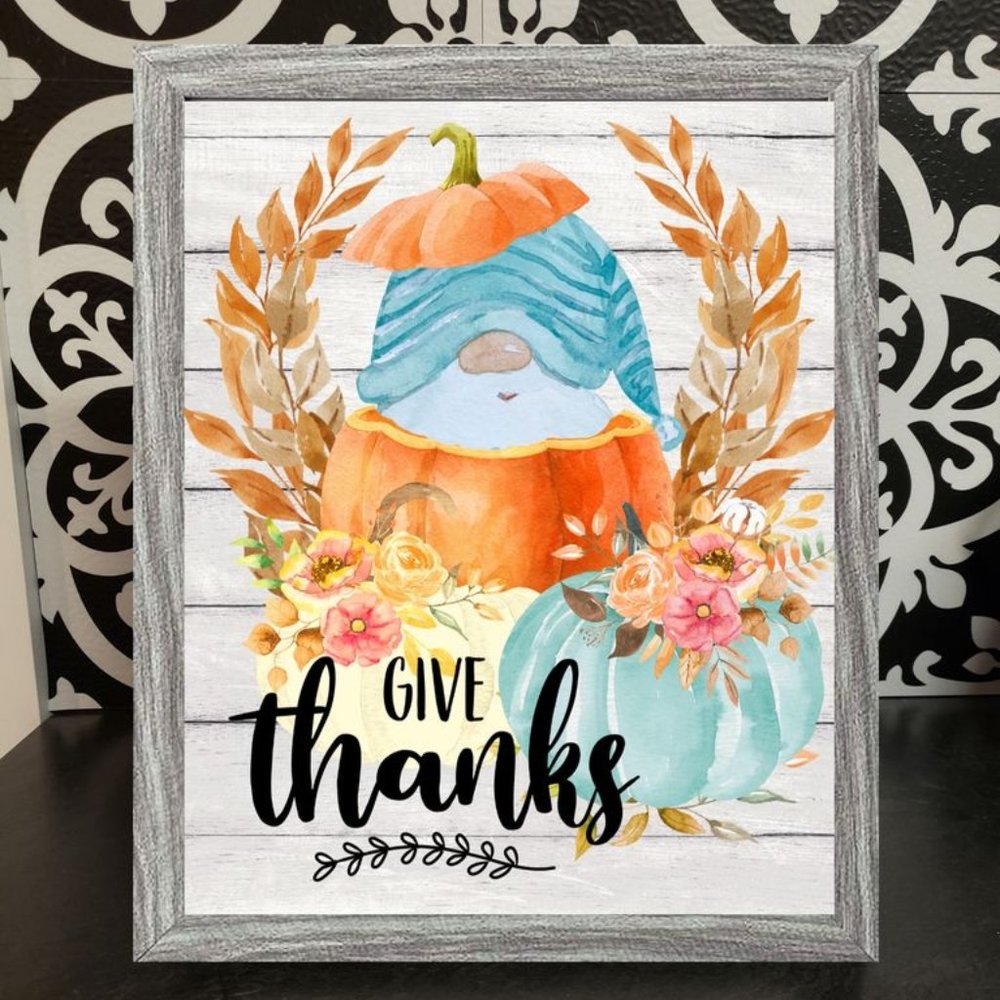 Framed 8x10 Thanksgiving Fall Autumn Gnome Pumpkins Rustic Farmhouse Decor Print